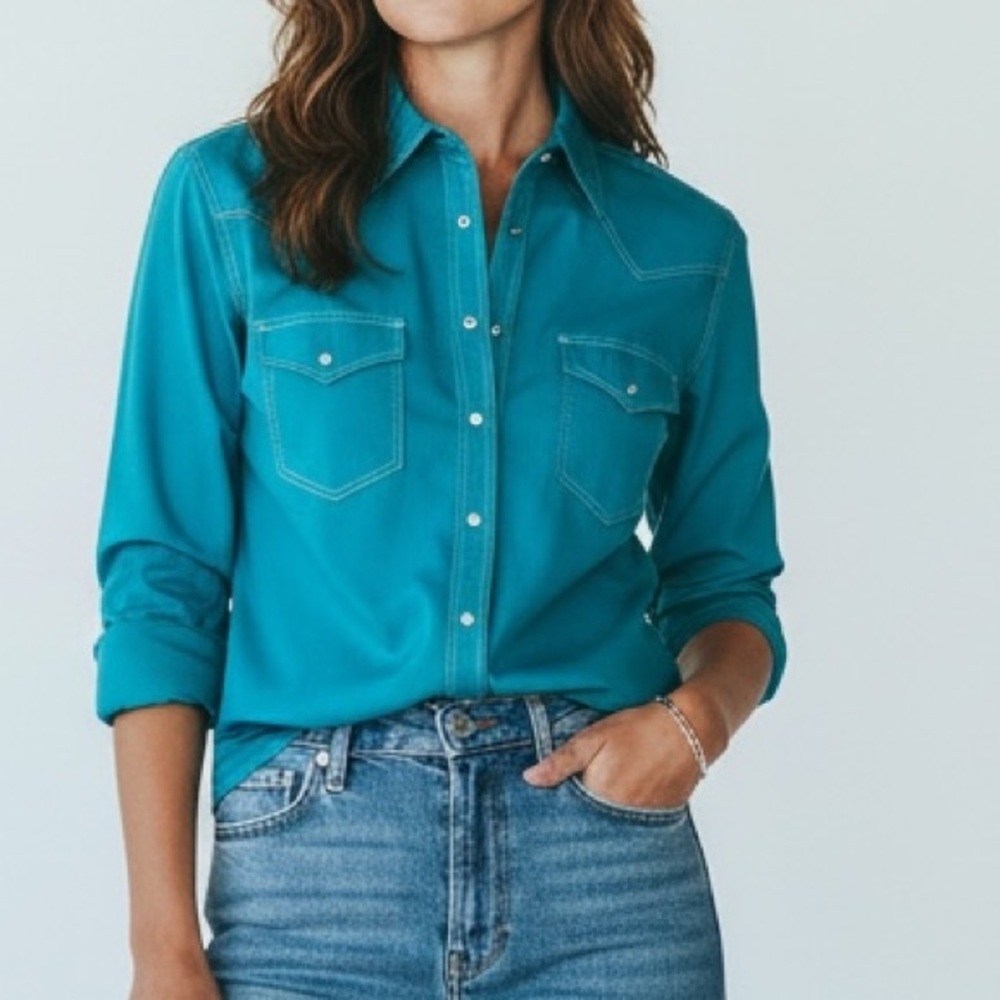vintage Blair teal aqua rockabilly western button down pearl-snap cowboy shirt - Picture 2 of 13